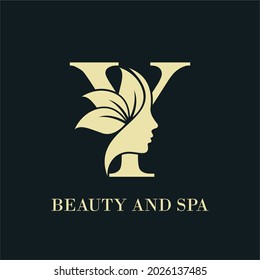 Initial Letter Y With Woman Female Face and Leaves for Beauty Spa Cosmetic Salon and natural Skin care Business Logo Concept Design