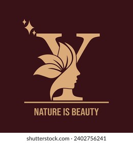Initial Letter Y With Woman Female Face and Leaves for Beauty Cosmetic and Fashion Business Logo Concept Design.