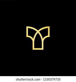 Initial letter Y YY YR RY  minimalist art monogram shape logo, gold color on black background