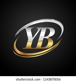 initial letter YB logotype company name colored gold and silver swoosh design. isolated on black background.