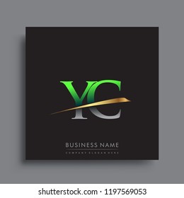 initial letter YC logotype company name colored green and gold swoosh design. vector logo for business and company