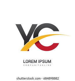 initial letter YC logotype company name colored red, black and yellow swoosh design. isolated on white background.
