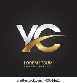 initial letter YC logotype company name colored gold and silver swoosh design. isolated on black background.