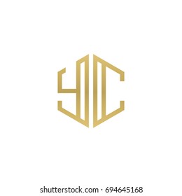 Initial letter YC, minimalist line art hexagon shape logo, gold color
