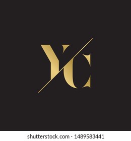 Initial letter yc sliced  uppercase modern logo design template elements. Gold letter Isolated on black  background. Suitable for business, consulting group company.