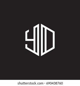 Initial letter YD, YO, minimalist line art monogram hexagon shape logo, white color on black background