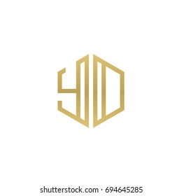 Initial letter YD, YO, minimalist line art hexagon shape logo, gold color