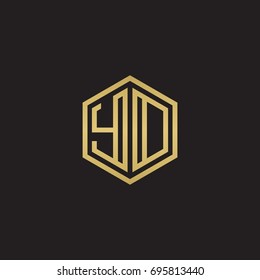 Initial letter YD, YO, minimalist line art hexagon logo, gold color on black background