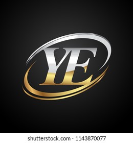 initial letter YE logotype company name colored gold and silver swoosh design. isolated on black background.