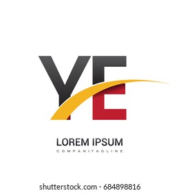 initial letter YE logotype company name colored red, black and yellow swoosh design. isolated on white background.
