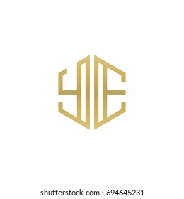 Initial letter YE, minimalist line art hexagon shape logo, gold color