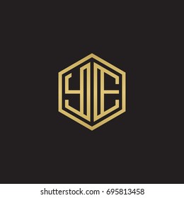 Initial letter YE, minimalist line art hexagon logo, gold color on black background