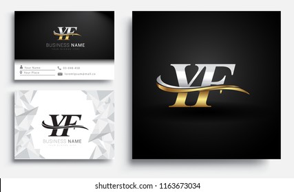 initial letter YF logotype company name colored gold and silver swoosh design. Vector sets for business identity on white background.