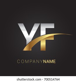 initial letter YF logotype company name colored gold and silver swoosh design. isolated on black background.