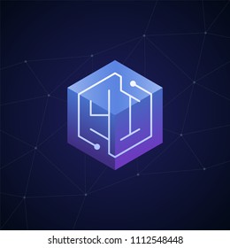 Initial letter YI, block chain, looping mono line circuit letter on hexagon cube logo, blue magenta gradient color on black blue network background