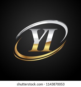 initial letter YI logotype company name colored gold and silver swoosh design. isolated on black background.