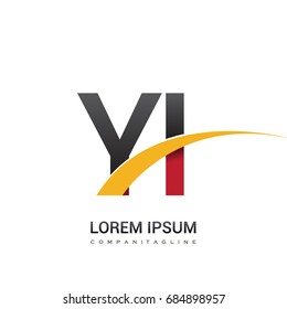 initial letter YI logotype company name colored red, black and yellow swoosh design. isolated on white background.
