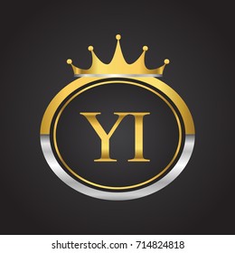 initial letter YI logotype company name with oval shape and crown, gold and silver color. vector logo for business and company identity.