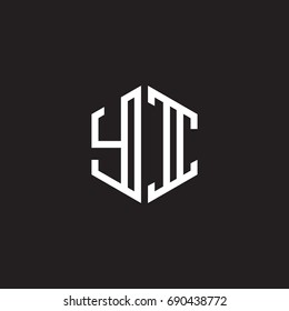 Initial letter YI, minimalist line art monogram hexagon shape logo, white color on black background