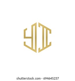 Initial letter YI, minimalist line art hexagon shape logo, gold color