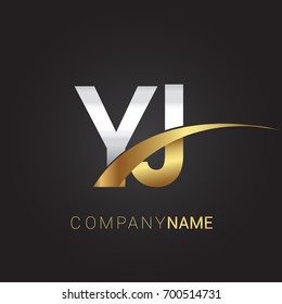initial letter YJ logotype company name colored gold and silver swoosh design. isolated on black background.