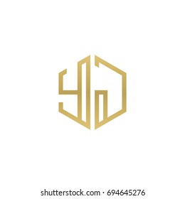 Initial letter YJ, minimalist line art hexagon shape logo, gold color