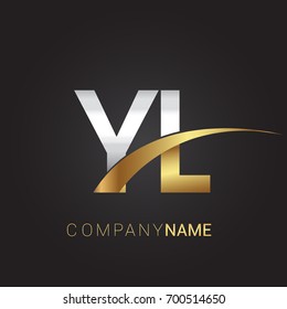 initial letter YL logotype company name colored gold and silver swoosh design. isolated on black background.