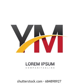 initial letter YM logotype company name colored red, black and yellow swoosh design. isolated on white background.
