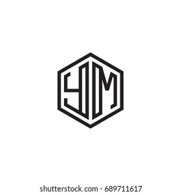 Initial letter YM, minimalist line art monogram hexagon logo, black color