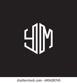 Initial letter YM, minimalist line art monogram hexagon shape logo, white color on black background