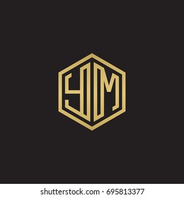 Initial letter YM, minimalist line art hexagon logo, gold color on black background