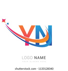initial letter YN logotype company name colored orange, red and blue swoosh star design. vector logo for business and company identity.