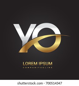 initial letter YO logotype company name colored gold and silver swoosh design. isolated on black background.