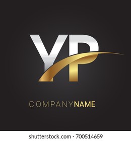 initial letter YP logotype company name colored gold and silver swoosh design. isolated on black background.