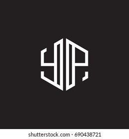 Initial letter YP, minimalist line art monogram hexagon shape logo, white color on black background
