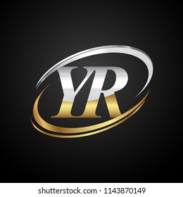 initial letter YR logotype company name colored gold and silver swoosh design. isolated on black background.