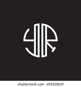 Initial letter YR, minimalist line art monogram circle shape logo, white color on black background