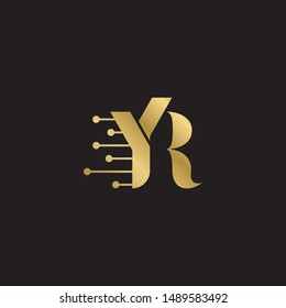 Initial letter yr technology  uppercase modern logo design template elements. Gold letter Isolated on black  background. Suitable for business, consulting group company.