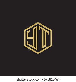 Initial letter YT, minimalist line art hexagon logo, gold color on black background