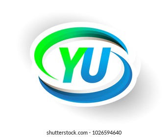 initial letter YU logotype company name coloured blue and green swoosh design, modern logo concept. vector logo for business and company identity.