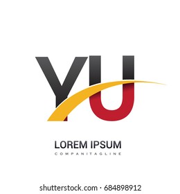 initial letter YU logotype company name colored red, black and yellow swoosh design. isolated on white background.
