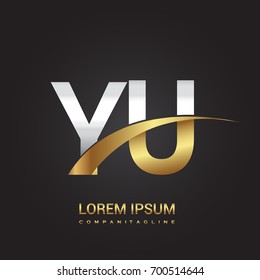 initial letter YU logotype company name colored gold and silver swoosh design. isolated on black background.