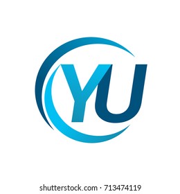 initial letter YU logotype company name blue circle and swoosh design. vector logo for business and company identity.