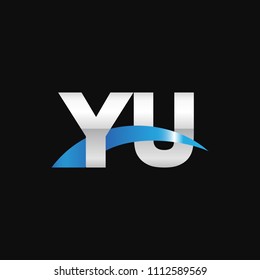 Initial letter YU, overlapping movement swoosh logo, metal silver blue color on black background