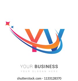 initial letter YV logotype company name colored orange, red and blue swoosh star design. vector logo for business and company identity.