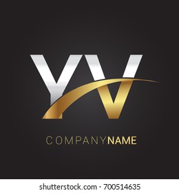 initial letter YV logotype company name colored gold and silver swoosh design. isolated on black background.