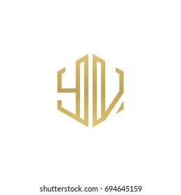 Initial letter YV, minimalist line art hexagon shape logo, gold color