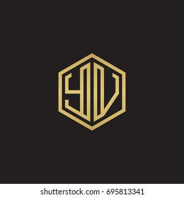 Initial letter YV, minimalist line art hexagon logo, gold color on black background