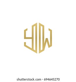 Initial letter YW, minimalist line art hexagon shape logo, gold color