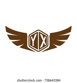 Initial Letter YX Hexagonal Shape Logo Design with Wings Icon and Brown Color